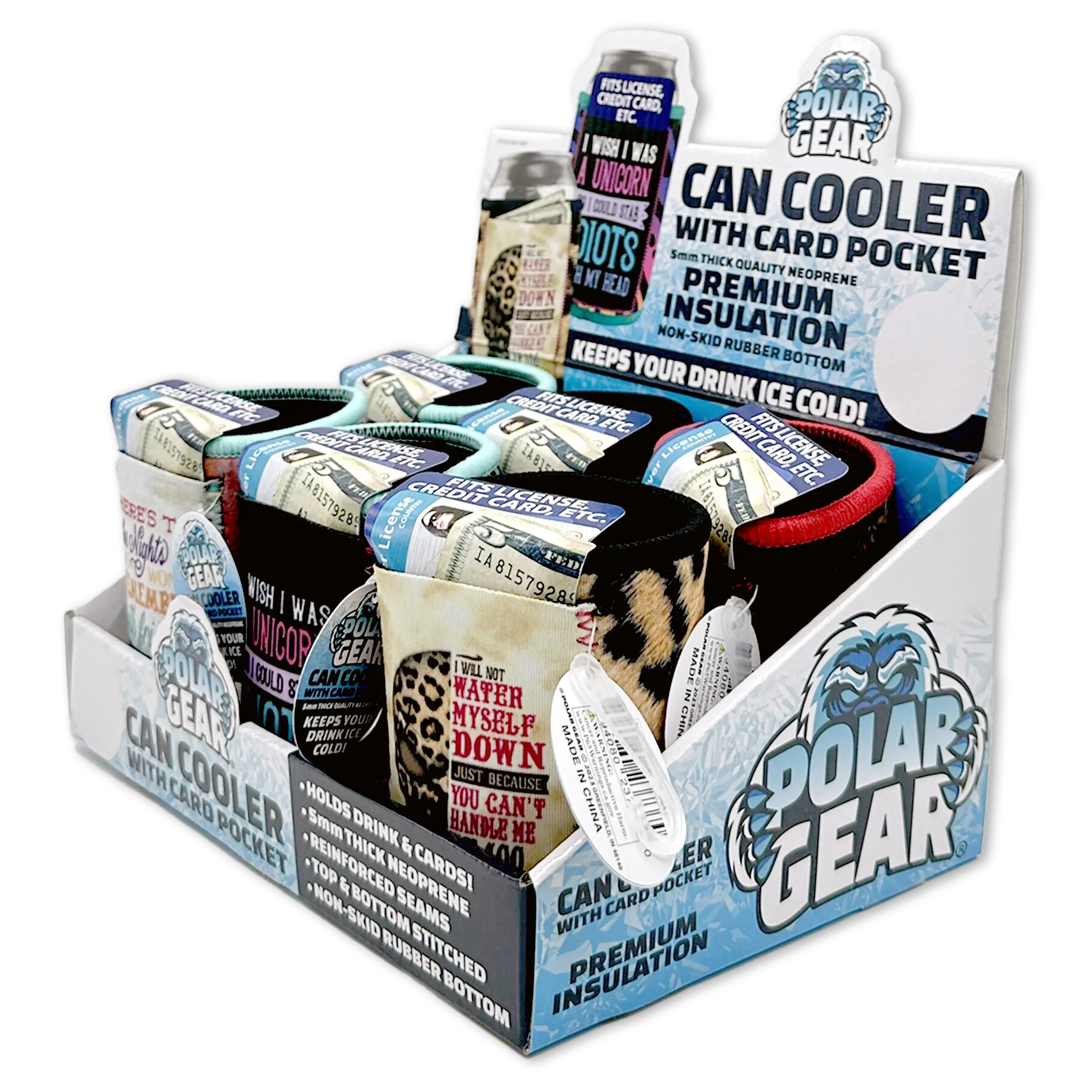 Neoprene Can and Bottle Cooler with Card Pocket - 6 Pieces Per Retail Ready Display 23737 POLAR GEAR