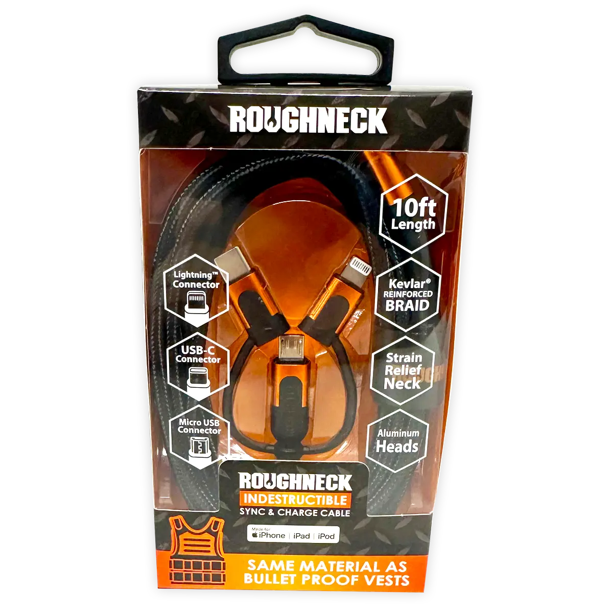 Charging Cable USB 3 in 1 Multi-Head USB-C / Micro USB / Lightning 10FT -  3 Pieces Per Pack 24561 ROUGHNECK