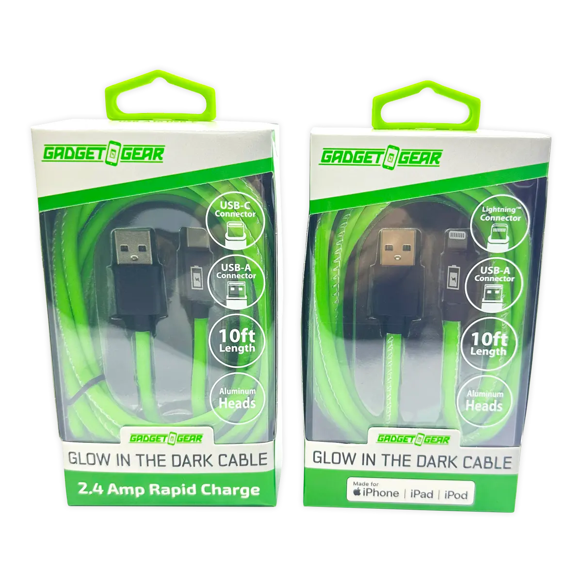 Charging Cable Glow in The Dark Assortment 10FT - 6 Pieces Per Retail Ready Display 25113 GADGET GEAR