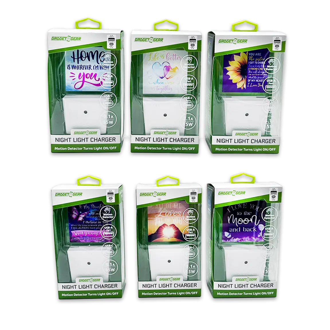 Night Light USB / USB-C Dual Port AC Wall Charger - 6 Pieces Per Retail Ready Display 25132 GADGET GEAR