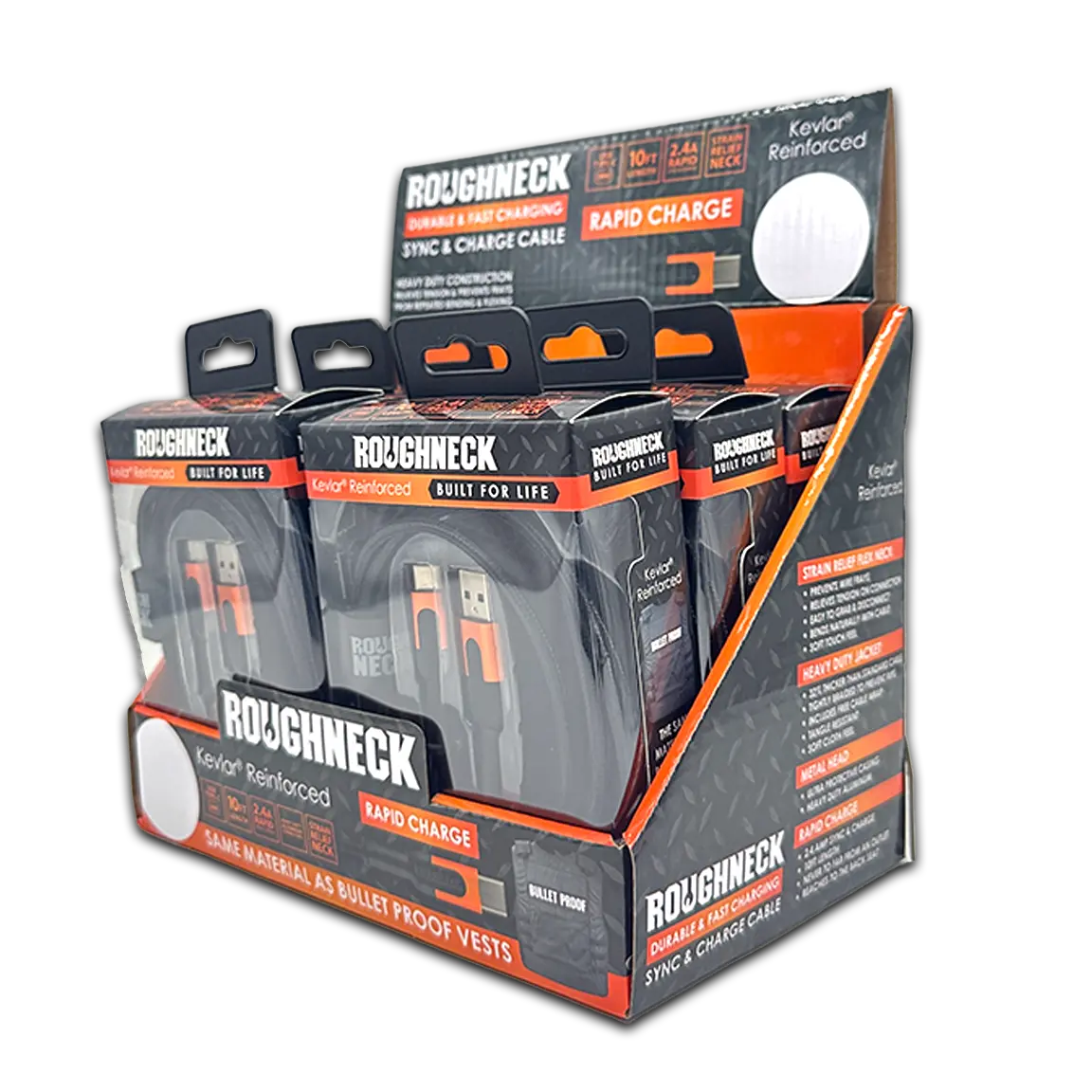 Charging Cable Roughneck Soft Cloth USB to USB-C 10FT 2.4 Amp - 6 Pieces Per Retail Ready Display 41593D ROUGHNECK