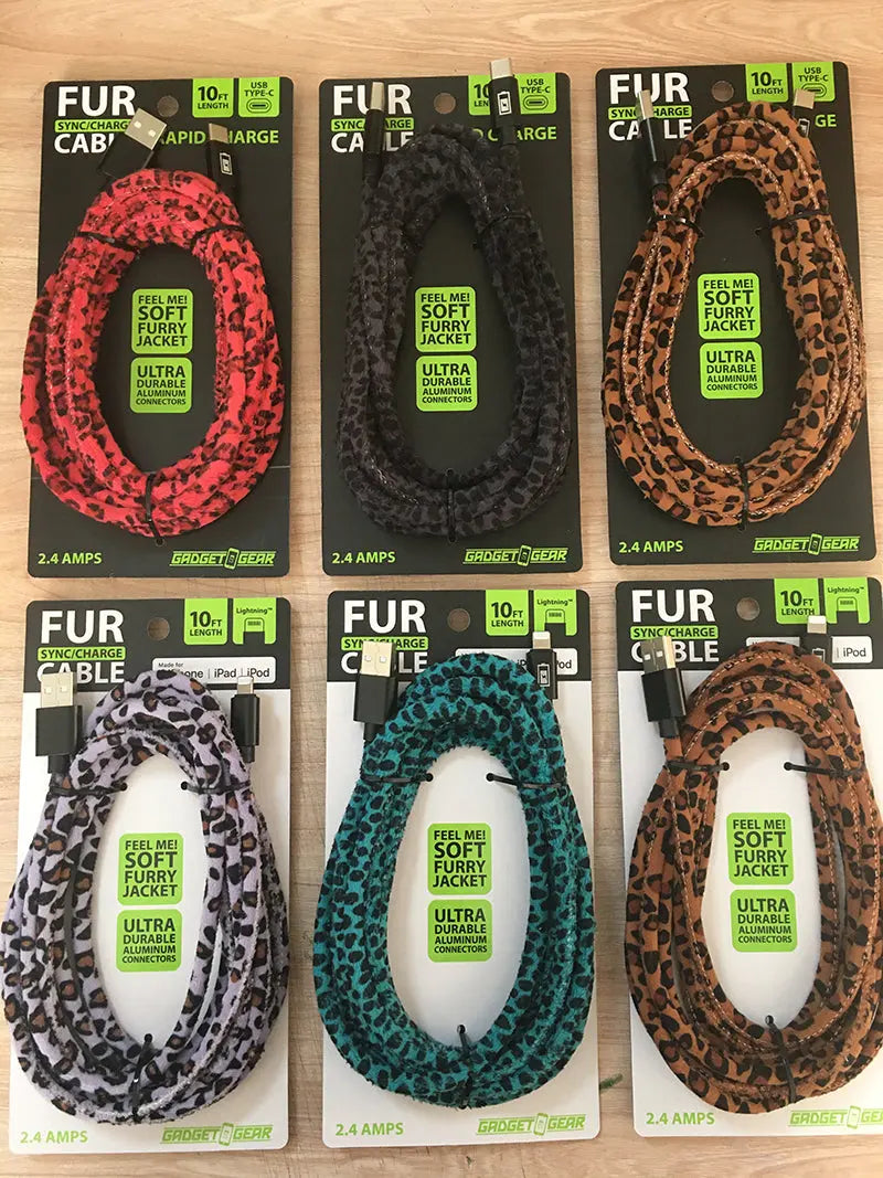 Charging Cable Fur Assortment 10FT 2.4 Amp - 6 Pieces Per Retail Ready Display 88341 GADGET GEAR