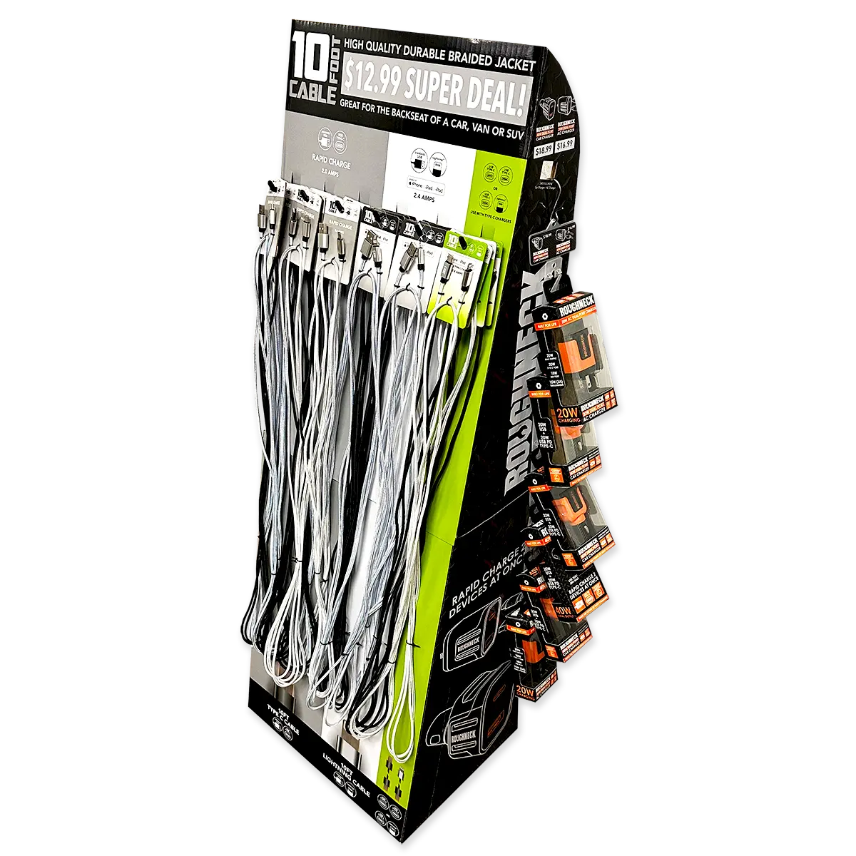 10FT Braided Sync and Charge Cable Assortment Floor Display - 36 Pieces Per Retail Ready Display 88479 ROUGHNECK