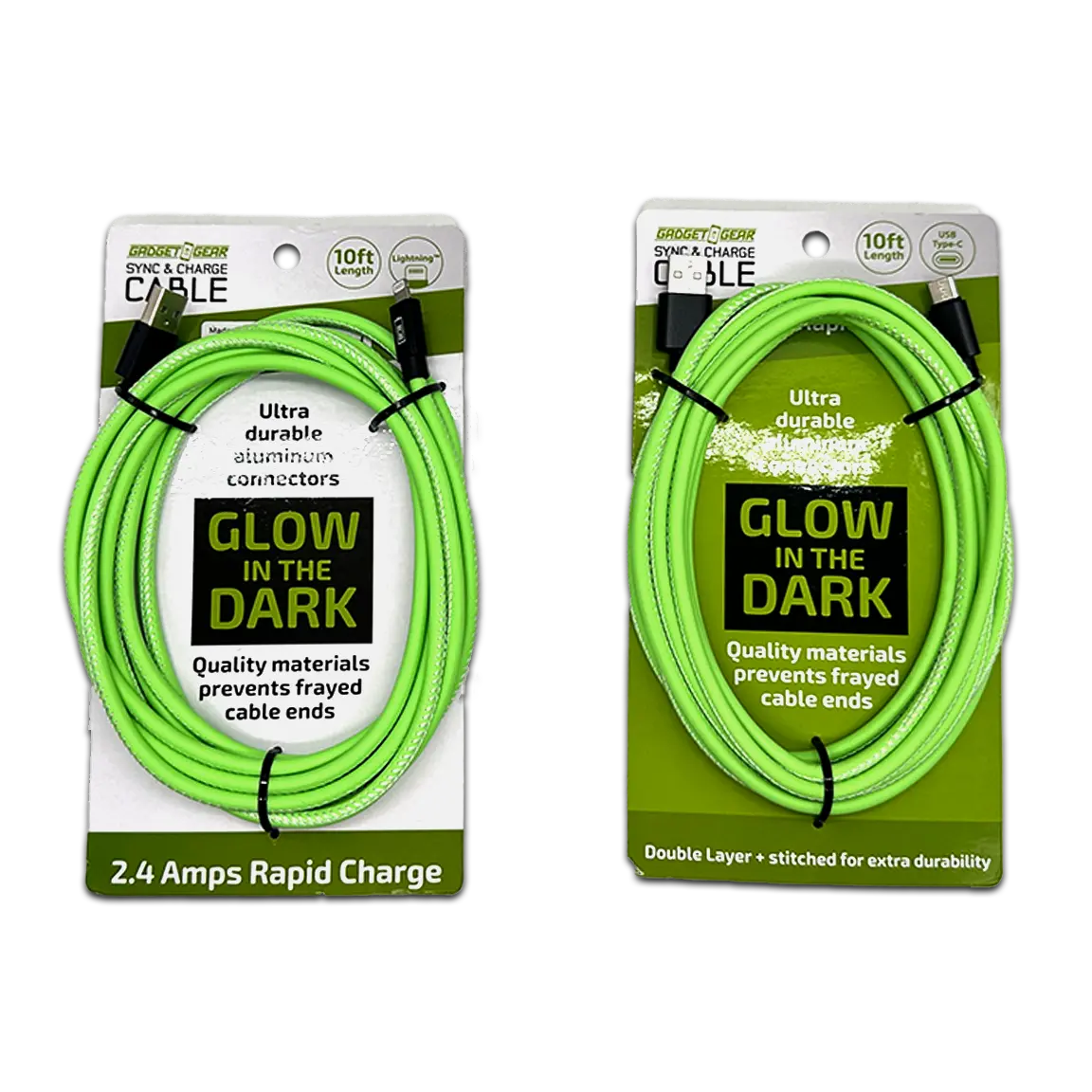 Charging Cable Glow in The Dark Assortment 10FT - 6 Pieces Per Retail Ready Display 88498 GADGET GEAR
