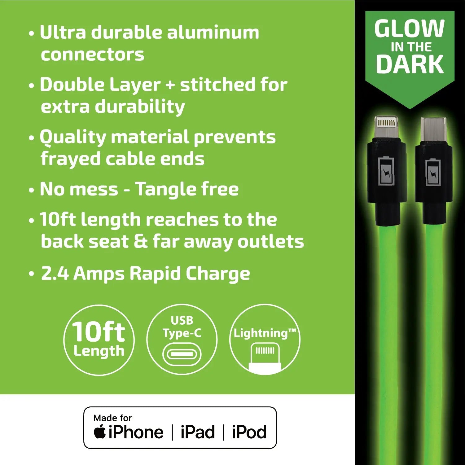 Charging Cable Glow in The Dark Assortment 10FT - 6 Pieces Per Retail Ready Display 88498 GADGET GEAR