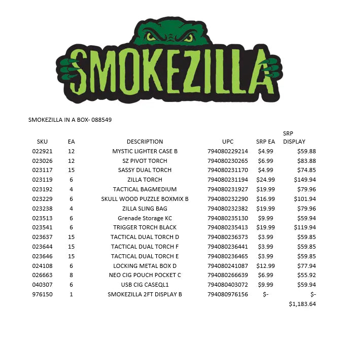 Curated Smokezilla Top Sellers Assorted Smoking Accessories Floor Display 88549 SMOKEZILLA