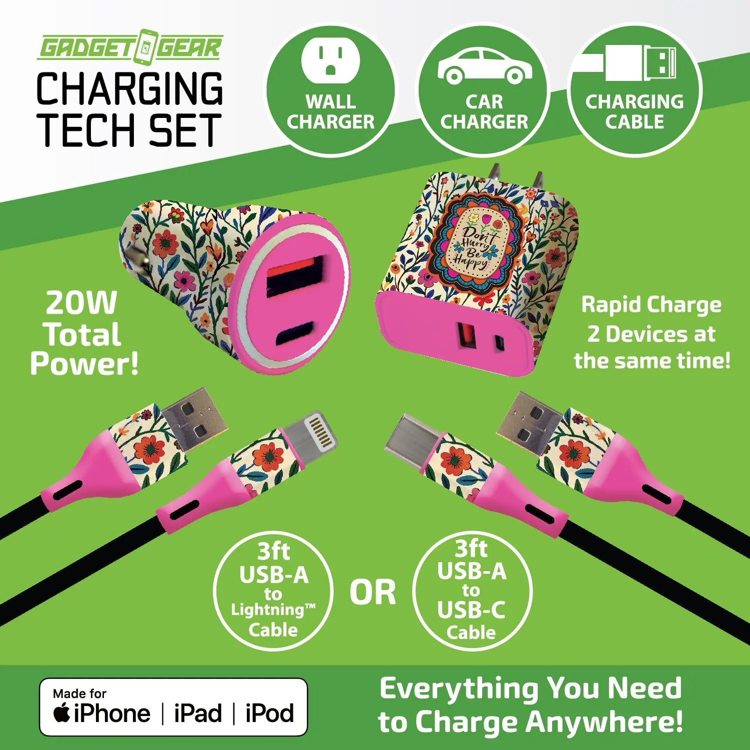 Charging Tech Set USB-C / Lightning Cable Assortment 3FT 20 Watts - 6 Pieces Per Retail Ready Display 88601 GADGET GEAR
