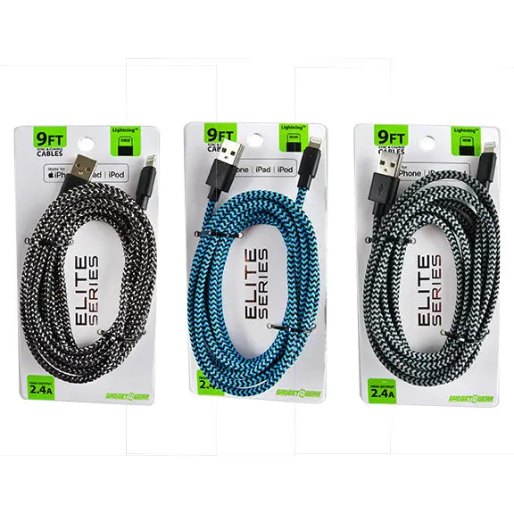 Charging Cable Elite Cloth USB to Lightning 9FT 2.4 Amp - 3 Pieces Per Pack 22320 GADGET GEAR