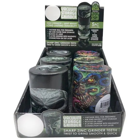 Plastic 5 Piece Grinder with Vacuum Sealed Container - 6 Pieces Per Retail Ready Display 22578 SMOKEZILLA