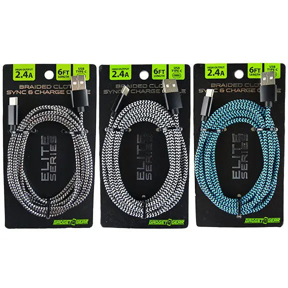 Charging Cable Elite Braided USB to USB-C 6FT - 3 Pieces Per Pack 28171 GADGET GEAR