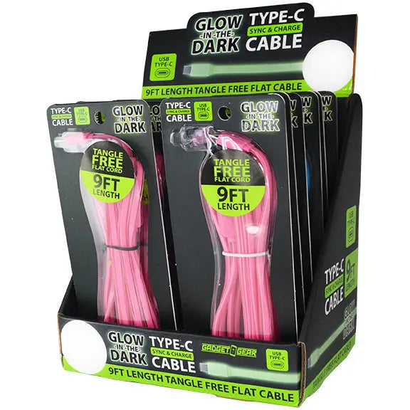 Charging Cable Glow in The Dark Flat USB to USB-C 9FT - 12 Pieces Per Retail Ready Display 40353 GADGET GEAR