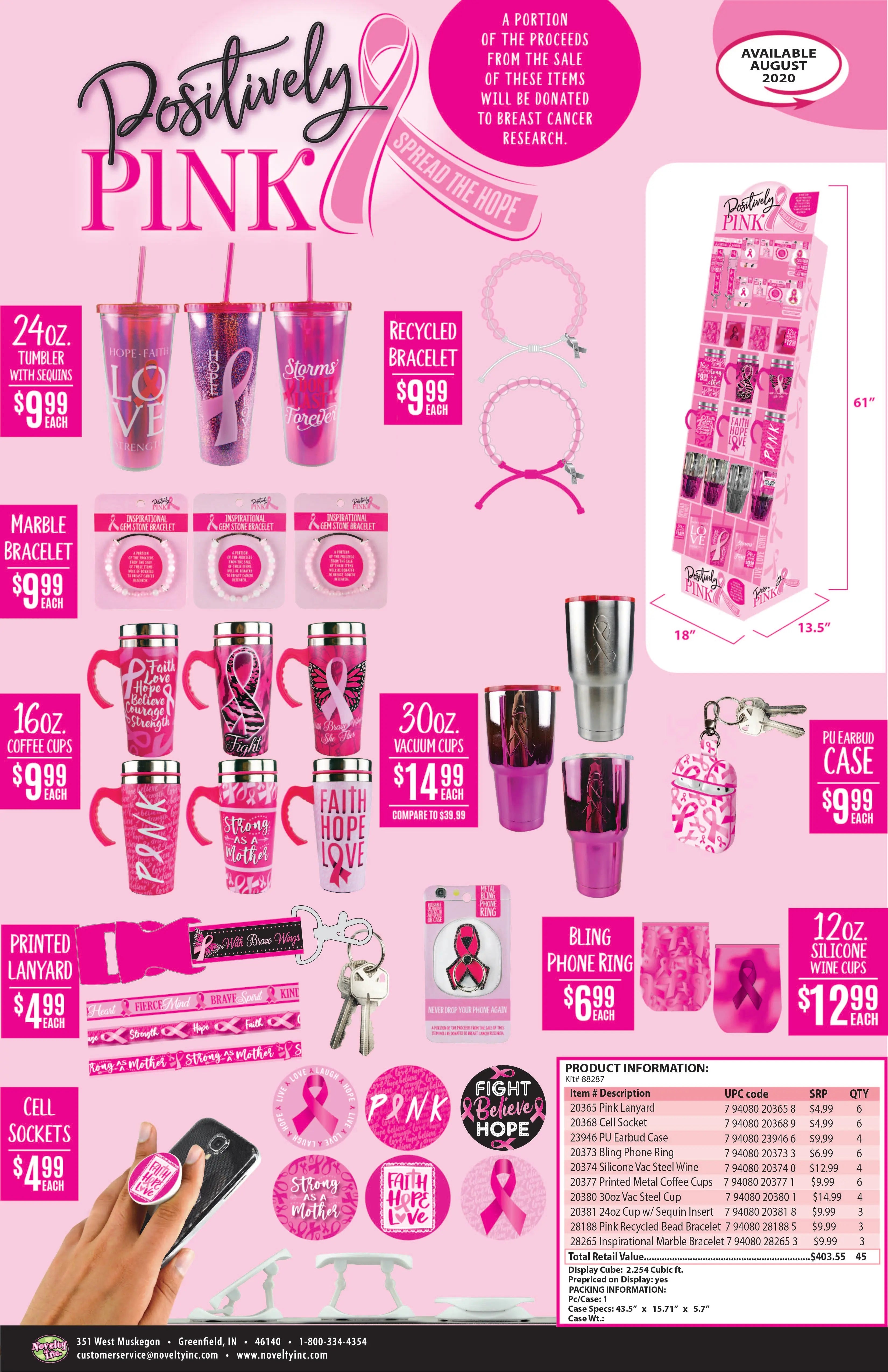Breast Cancer Awareness Pink Assortment Floor Display - 45 Pieces Per Retail Ready Display 88287 KIPP BROTHERS