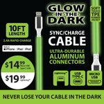 Charging Cable Glow in The Dark Assortment 10FT 2.4 Amp - 6 Pieces Per Retail Ready Display 88295 GADGET GEAR