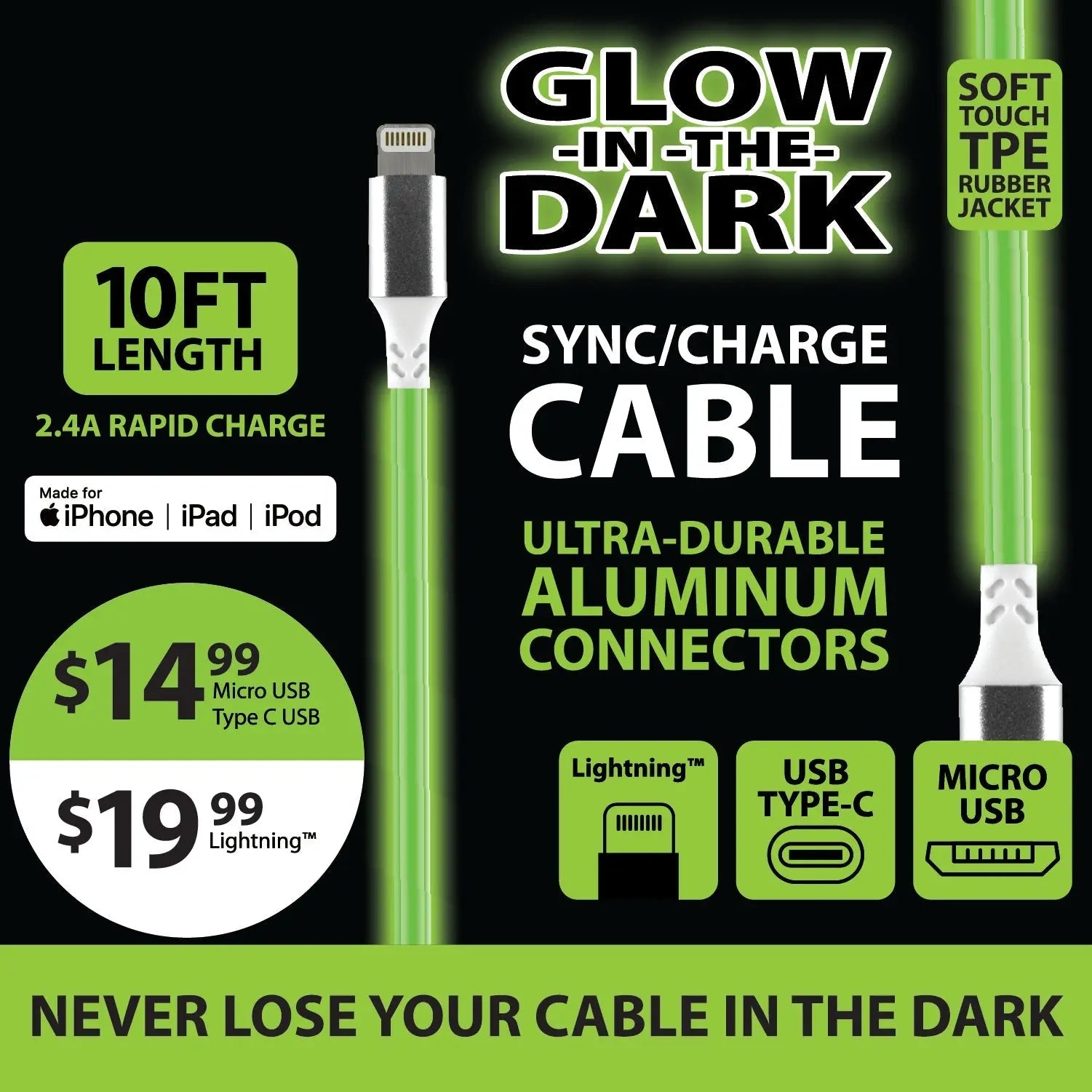 Charging Cable Glow in The Dark Assortment 10FT 2.4 Amp - 6 Pieces Per Retail Ready Display 88295 GADGET GEAR