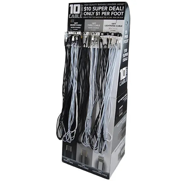 10FT Braided Sync and Charge Cable Assortment Floor Display - 24 Pieces Per Retail Ready Display 88299 GADGET GEAR