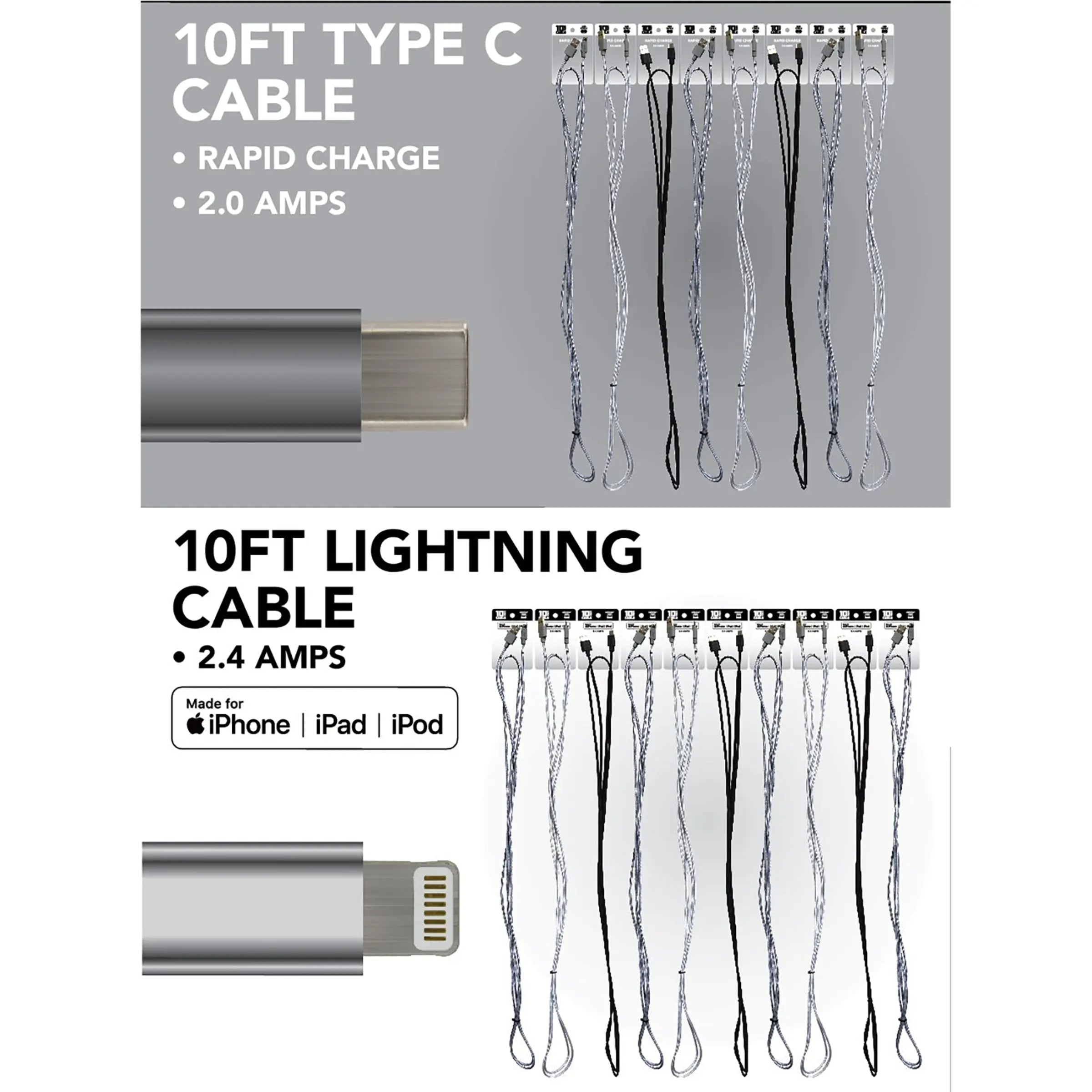 10FT Charging Cable Refill Kit Assortment - 24 Pieces Per Pack 88342 GADGET GEAR