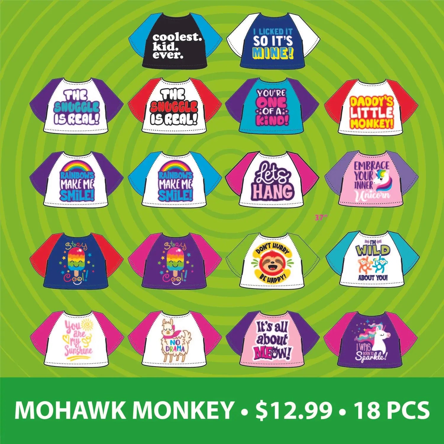 Plush Mohawk Monkey Assorted Floor Display - 30 Pieces Per Retail Ready Display 88378 KIPP BROTHERS