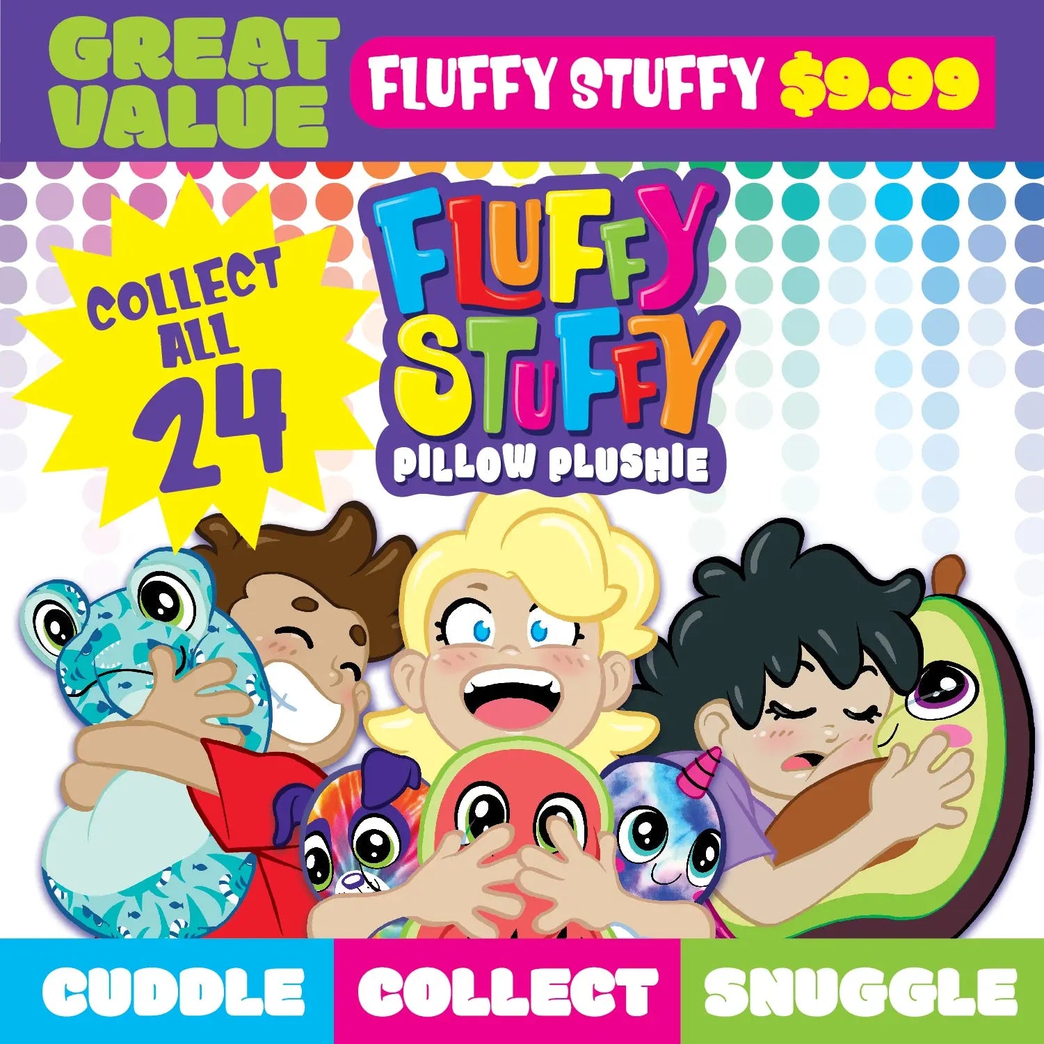 Plush Pillow Fluffy Stuffy Assortment Floor Display - 24 Pieces Per Retail Ready Display 88375 KIPP BROTHERS