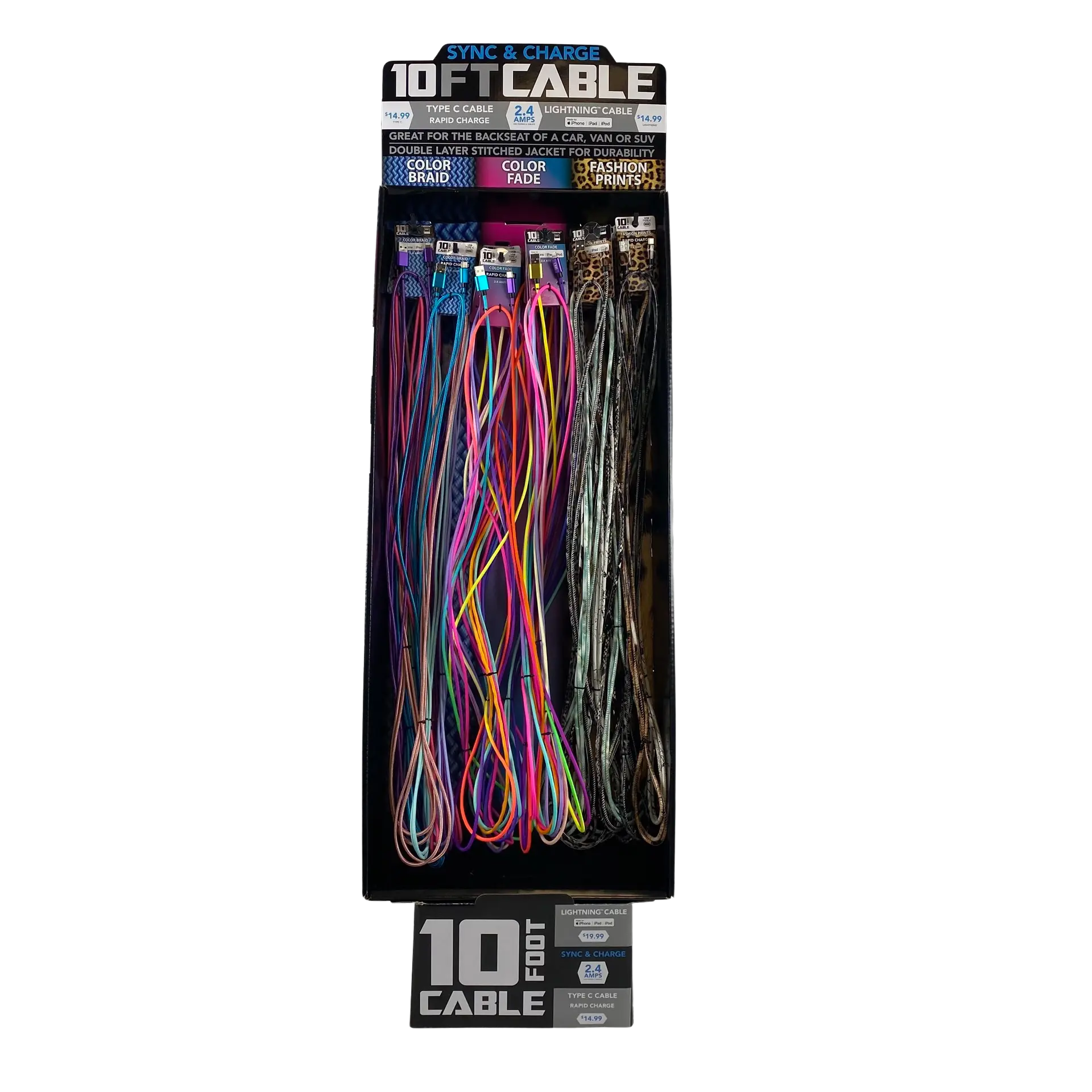 10FT Braided Sync and Charge Cable Assortment Floor Display - 36 Pieces Per Retail Ready Display 88385 NOVELTY INC