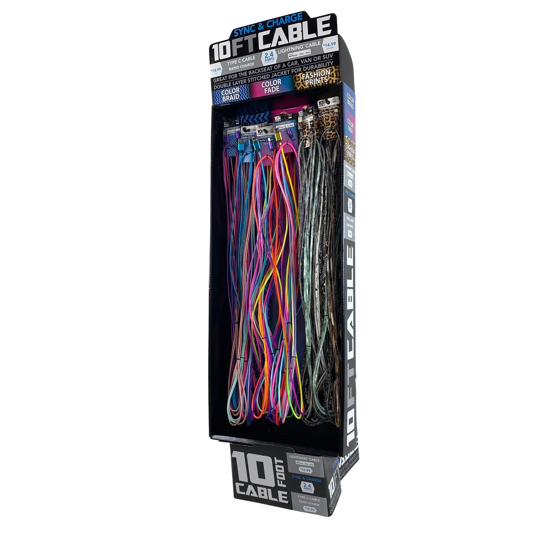 10FT Braided Sync and Charge Cable Assortment Floor Display - 36 Pieces Per Retail Ready Display 88385 NOVELTY INC