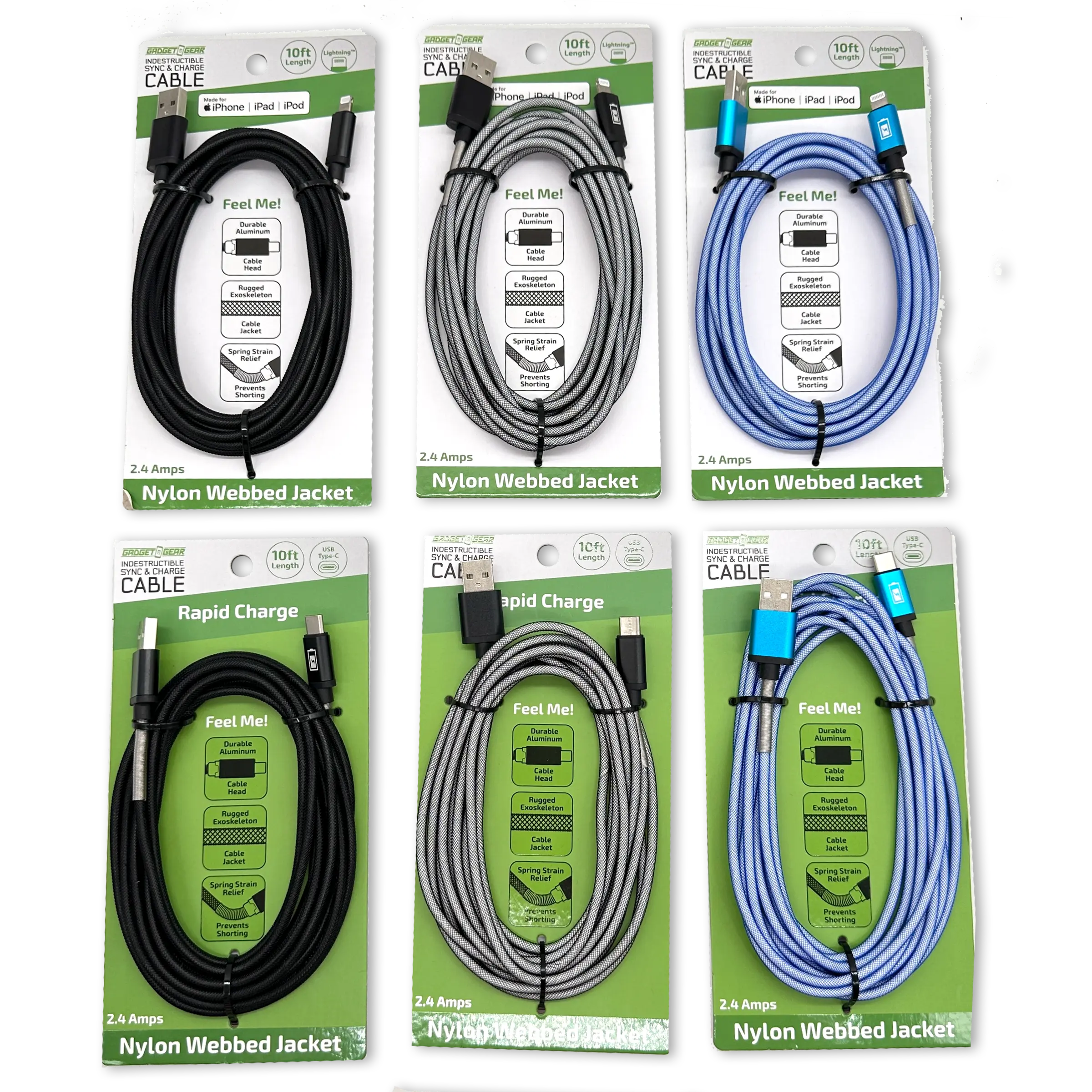 Charging Cable Indestructible Assortment 10FT 2.4 Amp - 6 Pieces Per Retail Ready Display 88468 GADGET GEAR