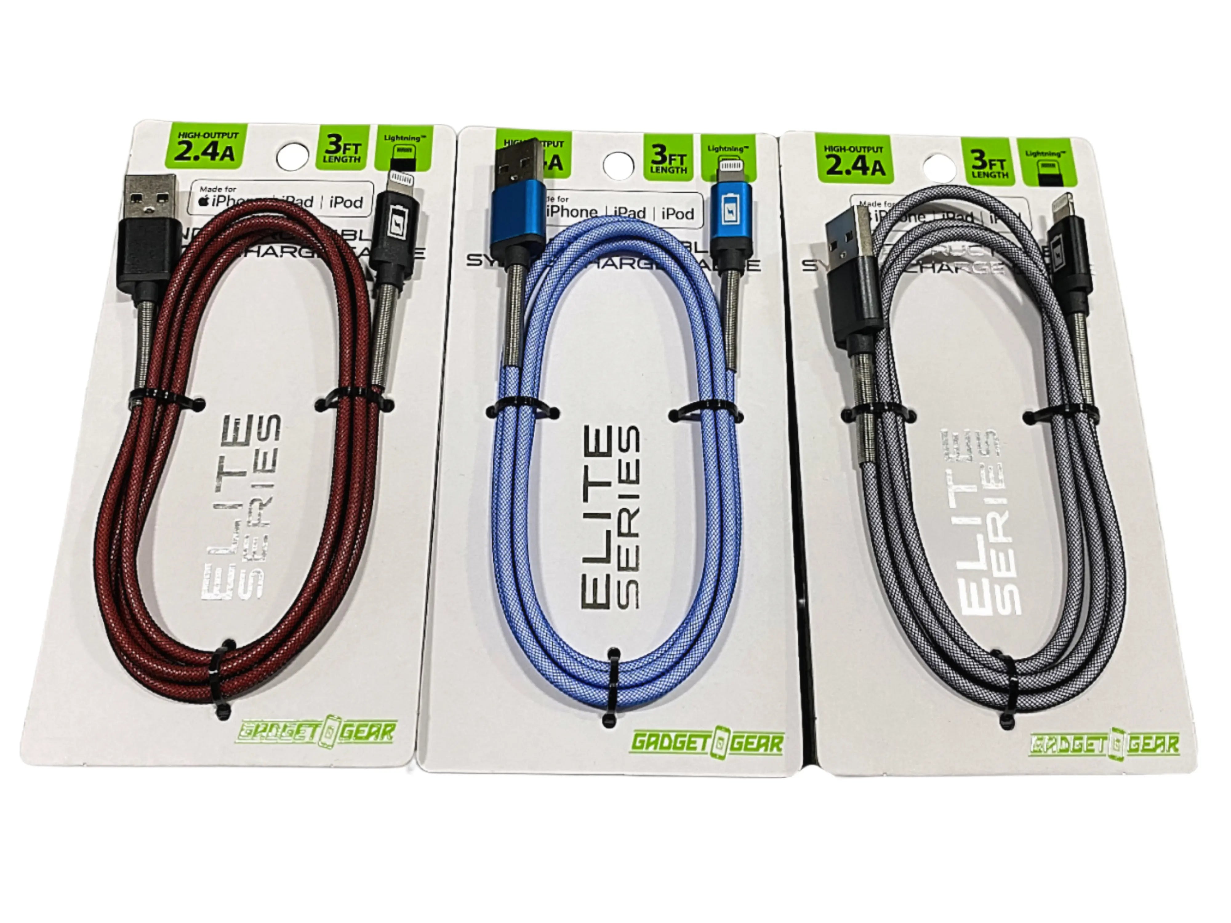 Charging Cable Elite Indestructible USB to Lightning 3FT 2.4 Amp - 3 Pieces Per Pack 22323 GADGET GEAR
