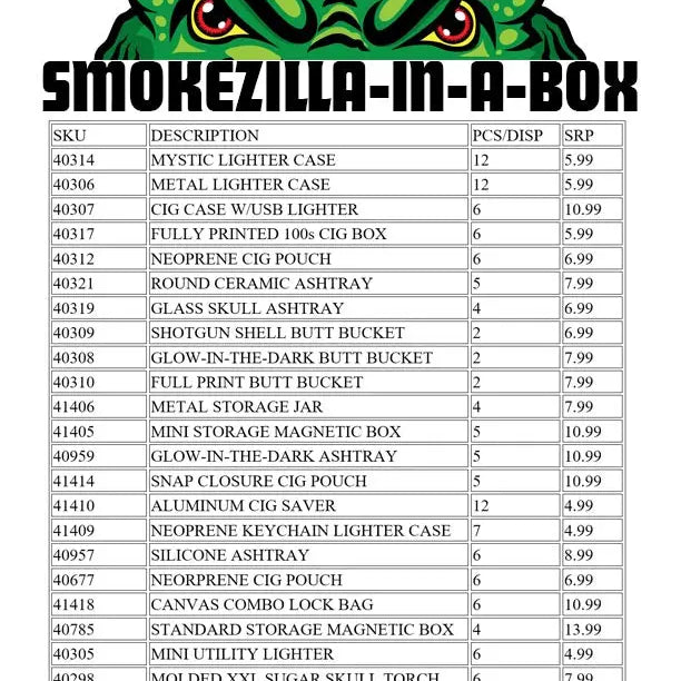 Smoking Accessories Assortment Floor Display - 161 Pieces Per Retail Ready Display 88409 SMOKEZILLA