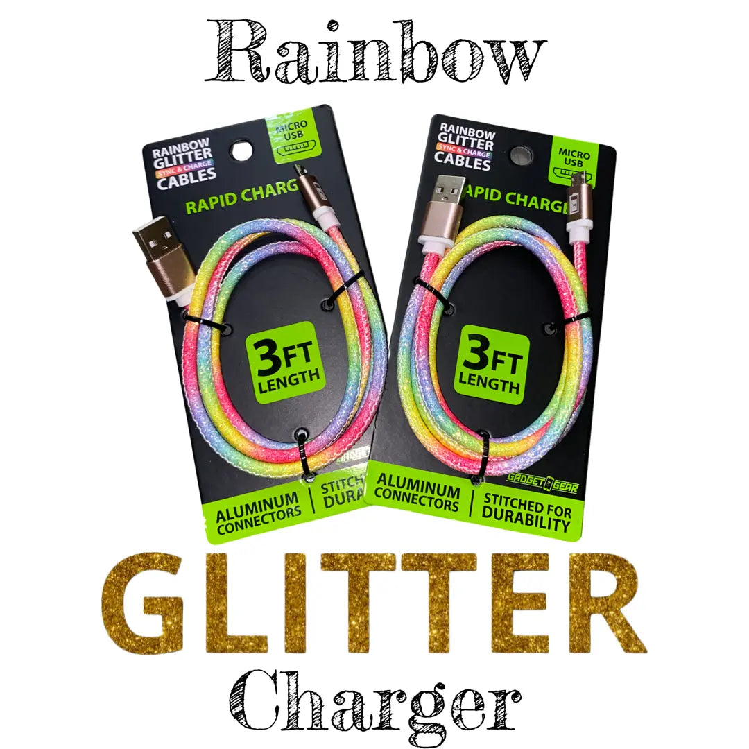 Charging Cable Rainbow Glitter USB to Micro USB 3FT - 20 Pieces Per Pack 23608MN GADGET GEAR