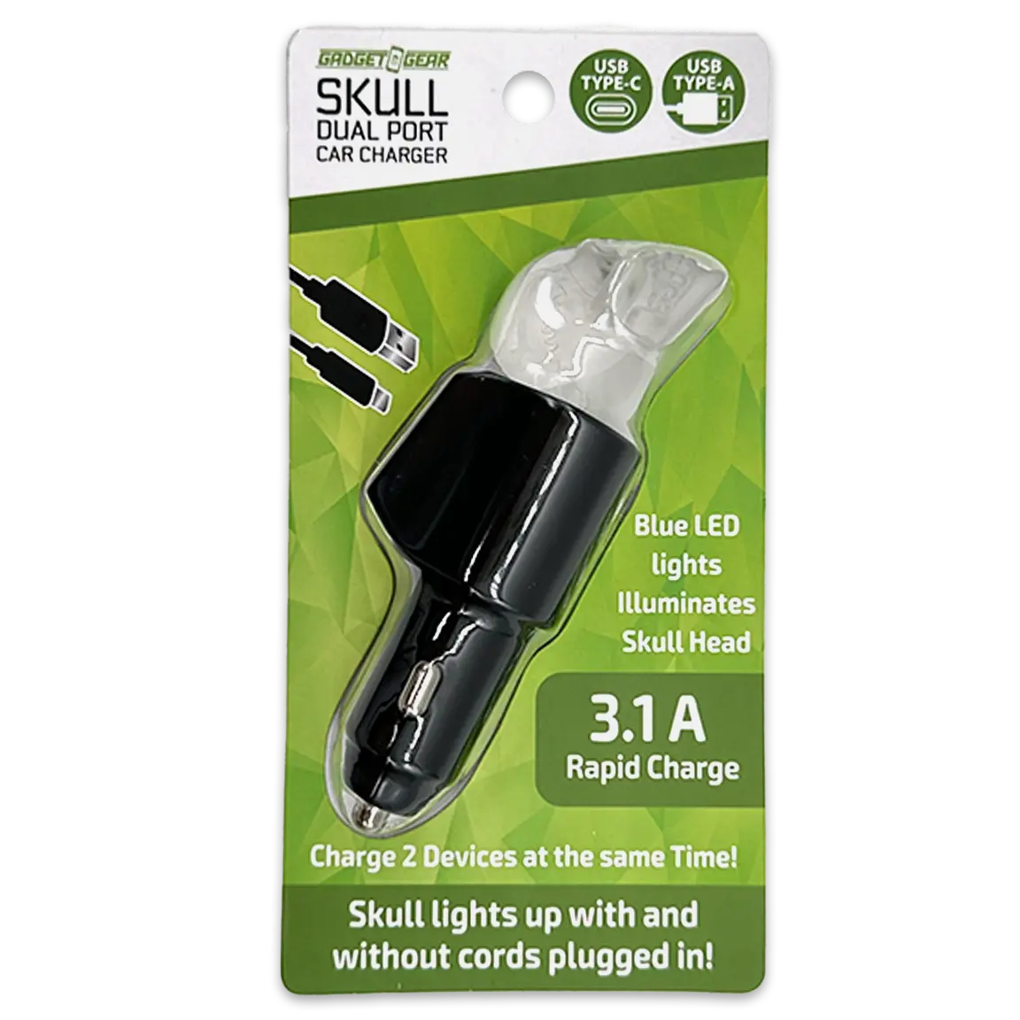 Car Charger Dual Port USB / USB-C LED Skull 3.1 Amp - 6 Pieces Per Pack 24001AZ GADGET GEAR