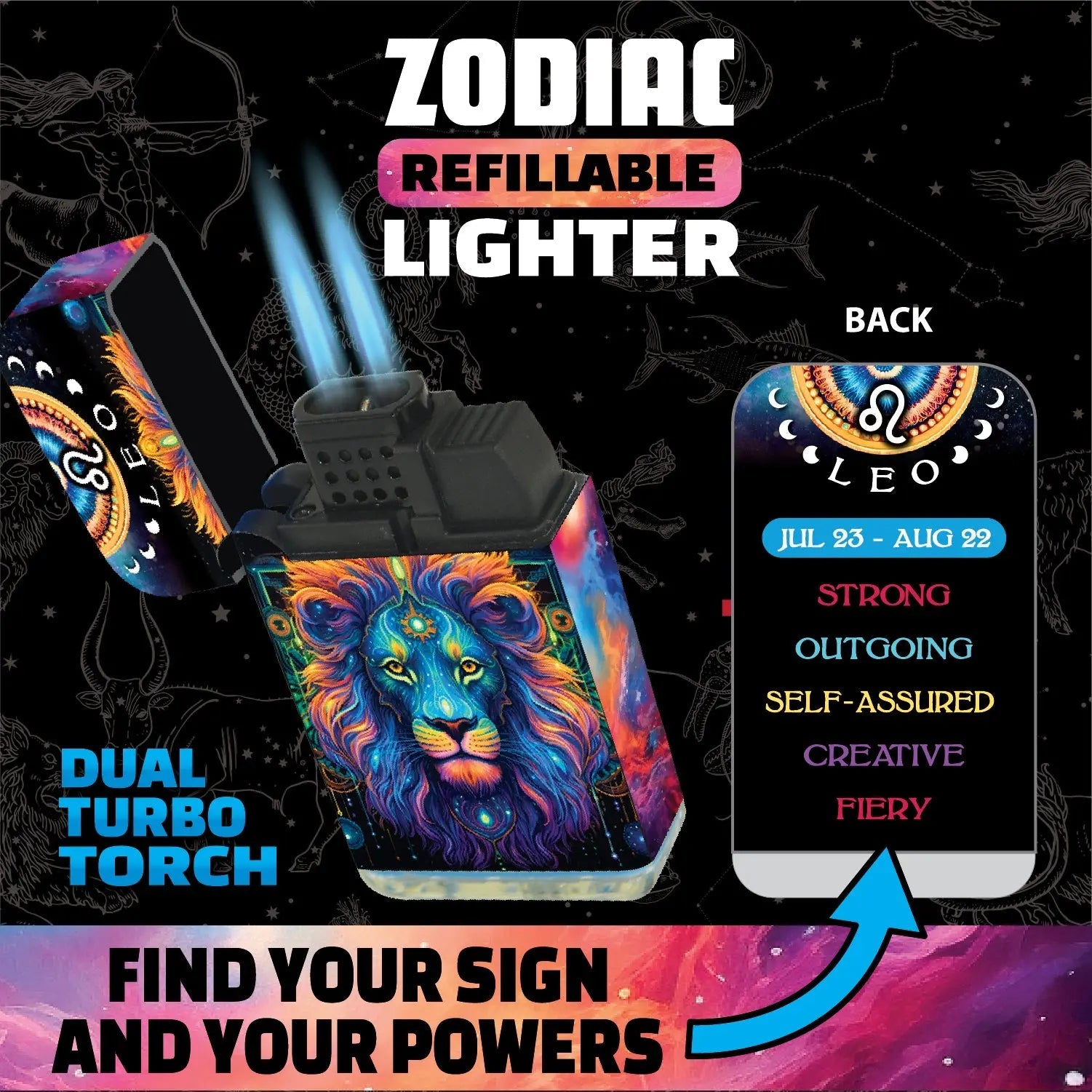Zodiac Dual Torch Lighter- 12 Pieces Per Retail Ready Display 25915 SMOKEZILLA
