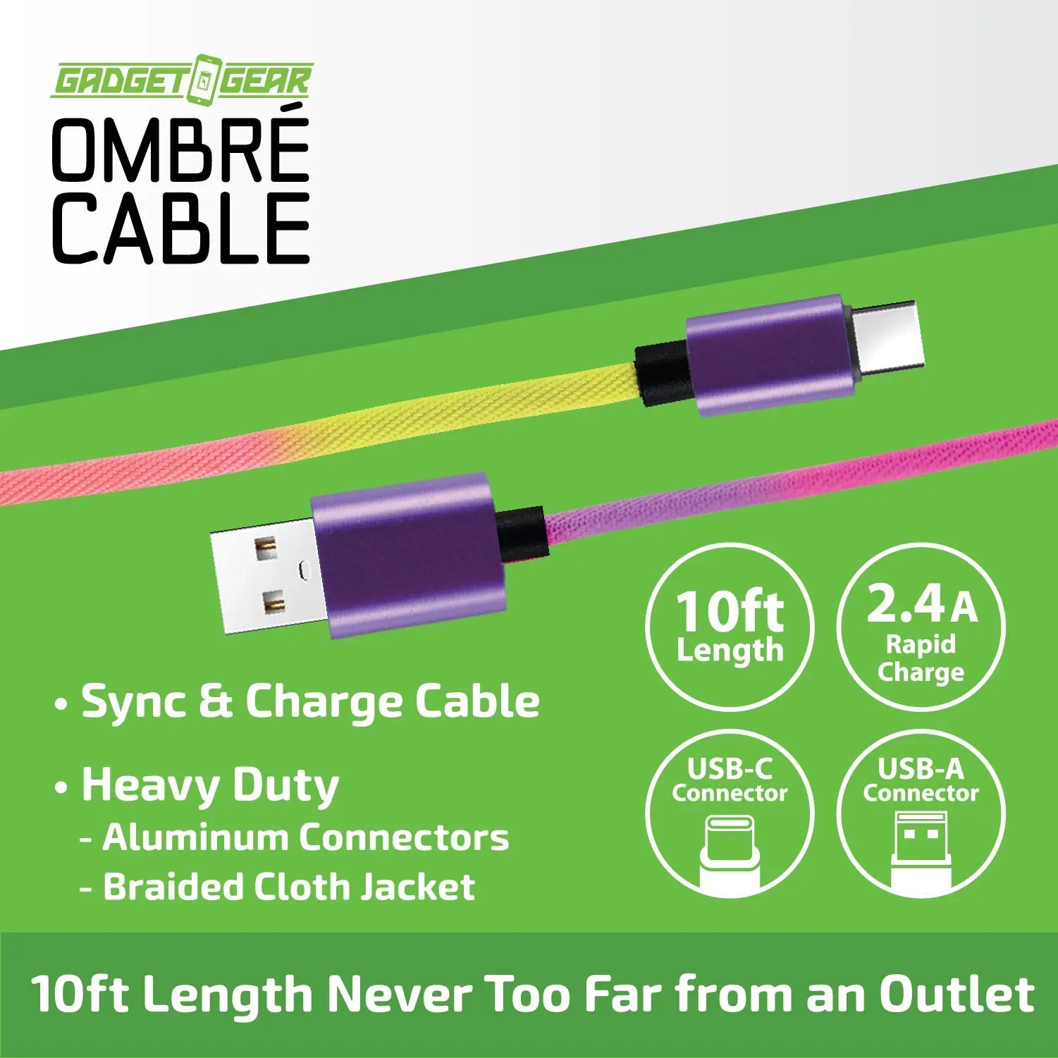 10FT Color Fade USB-A-to-USB-C Charging Cable - 6 Pieces Per Retail Ready Display 25484 GADGET GEAR