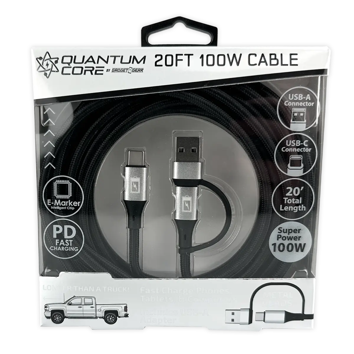 Charging Cable Quick Switch 2 in 1 Multi-Head USB to USB-C 20FT 100W - 6 Pieces Per Retail Ready Display 25823 GADGET GEAR