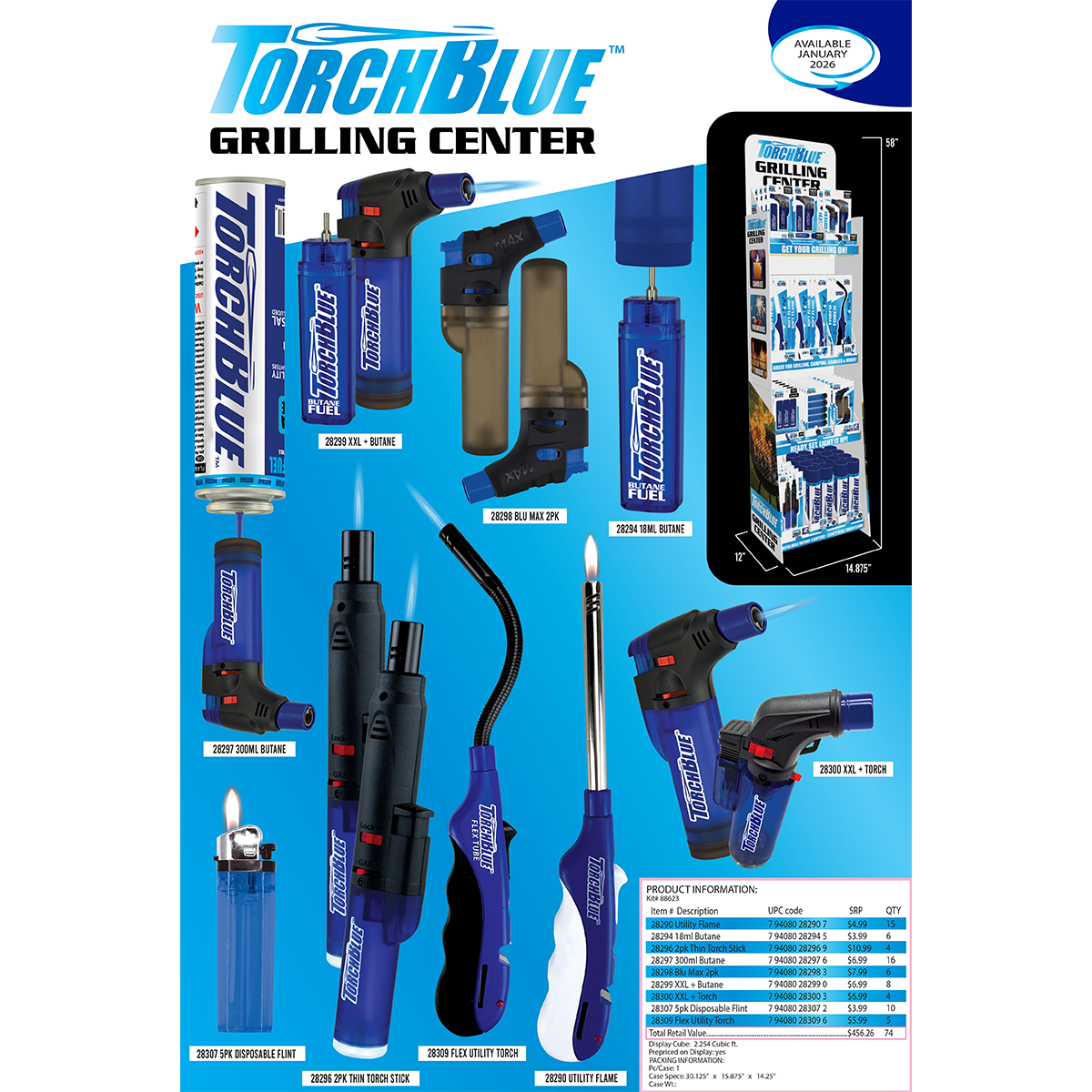 Grilling Center Lighter Assortment Floor Display - 74 Pieces Per Retail Ready Display Kit 88623 TORCH BLUE
