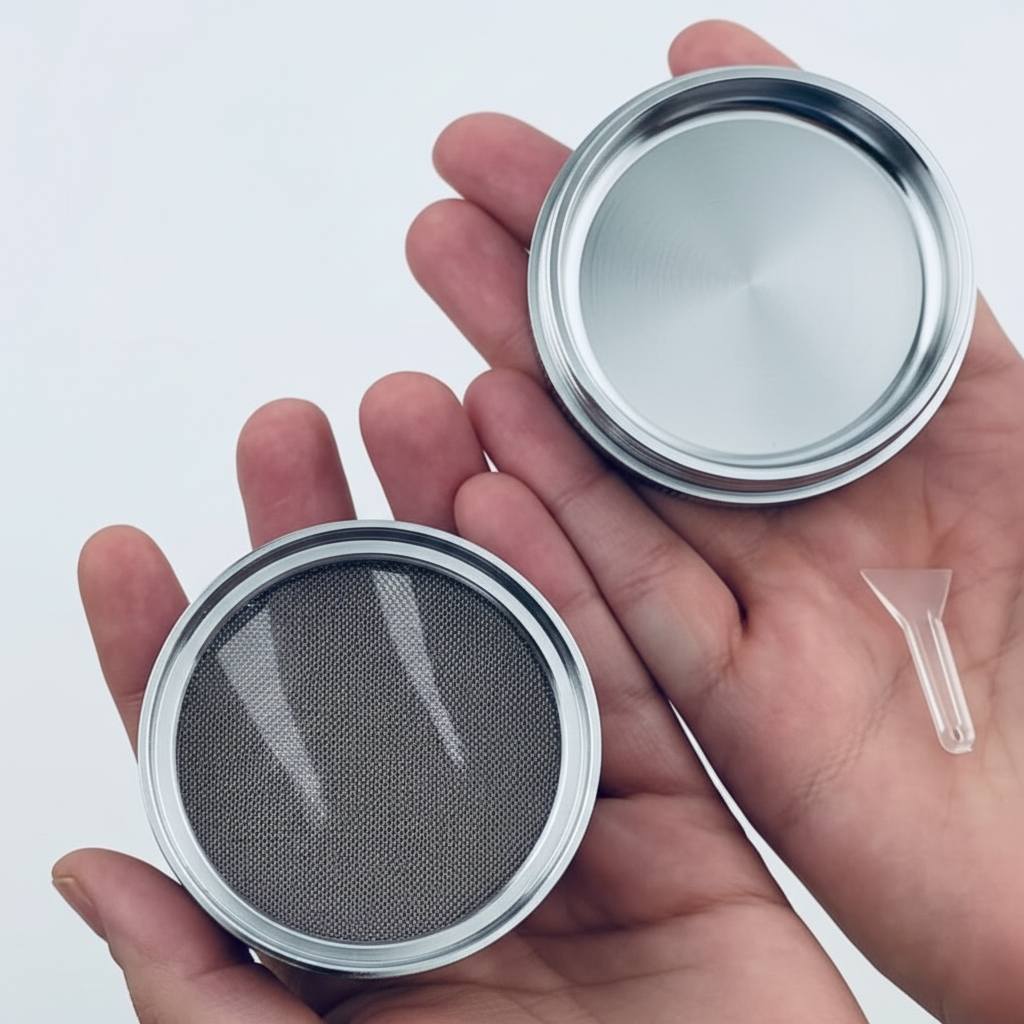 Silver chrome grinder with mesh screen and components