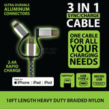 Charging Cable USB 3 in 1 Multi-Head USB-C / Micro USB / Lightning 10FT - 6 Pieces Per Retail Ready Display 22424 GADGET GEAR
