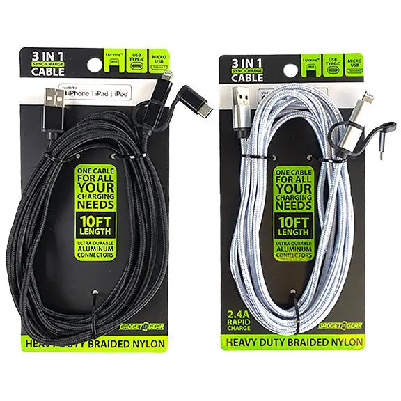 Charging Cable USB 3 in 1 Multi-Head USB-C / Micro USB / Lightning 10FT - 6 Pieces Per Retail Ready Display 22424 GADGET GEAR