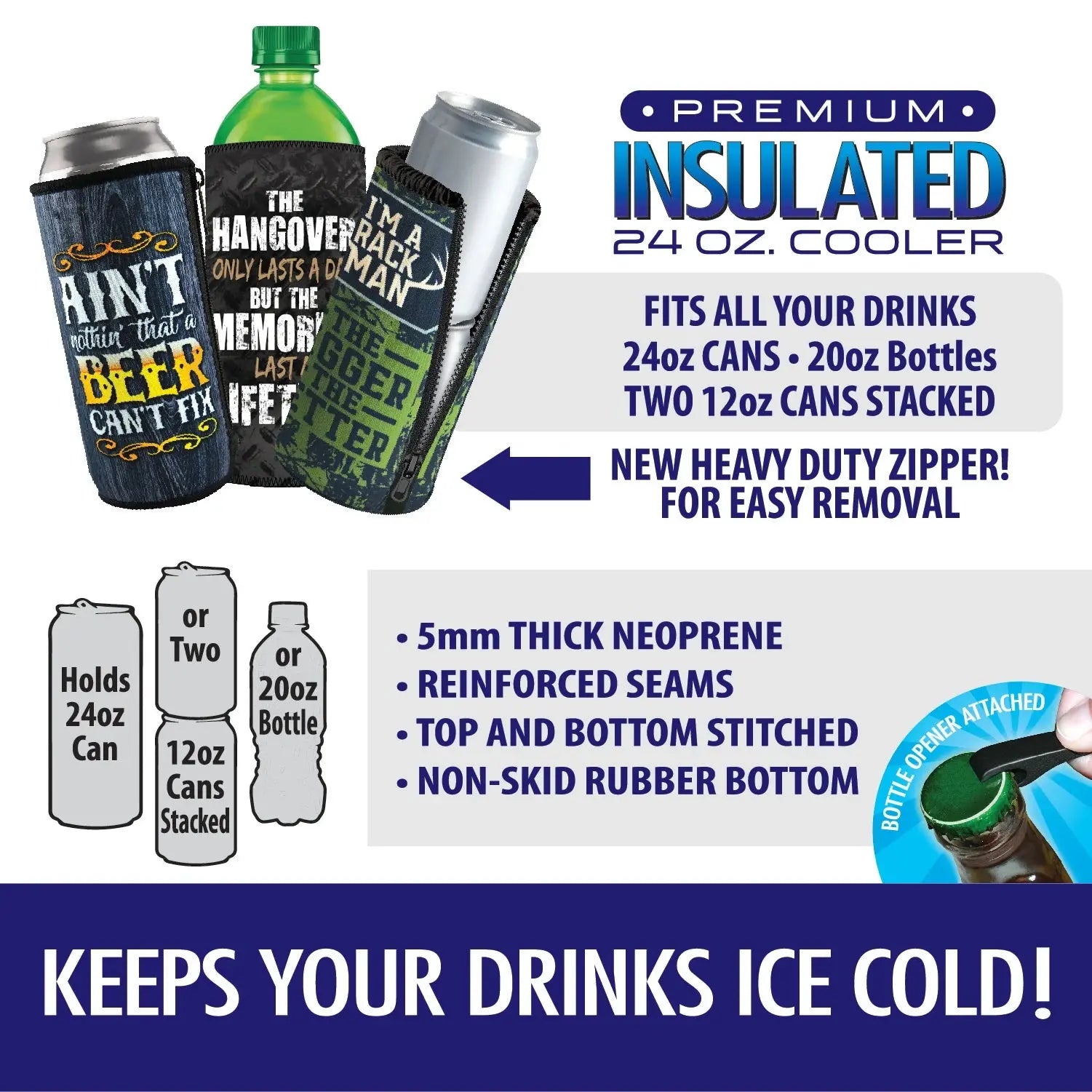 Neoprene 24 Oz Can and Bottle Cooler - 6 Pieces Per Retail Ready Display 26475 POLAR GEAR