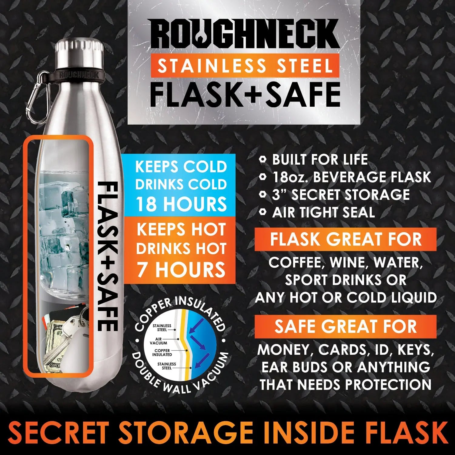 18 oz Stainless-Steel Flask and Safe - 6 Pieces Per Retail Ready Display 22931 ROUGHNECK