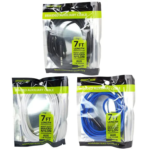 Braided Nylon Auxiliary Cable 7FT - 3 Pieces Per Pack 23619 GADGET GEAR