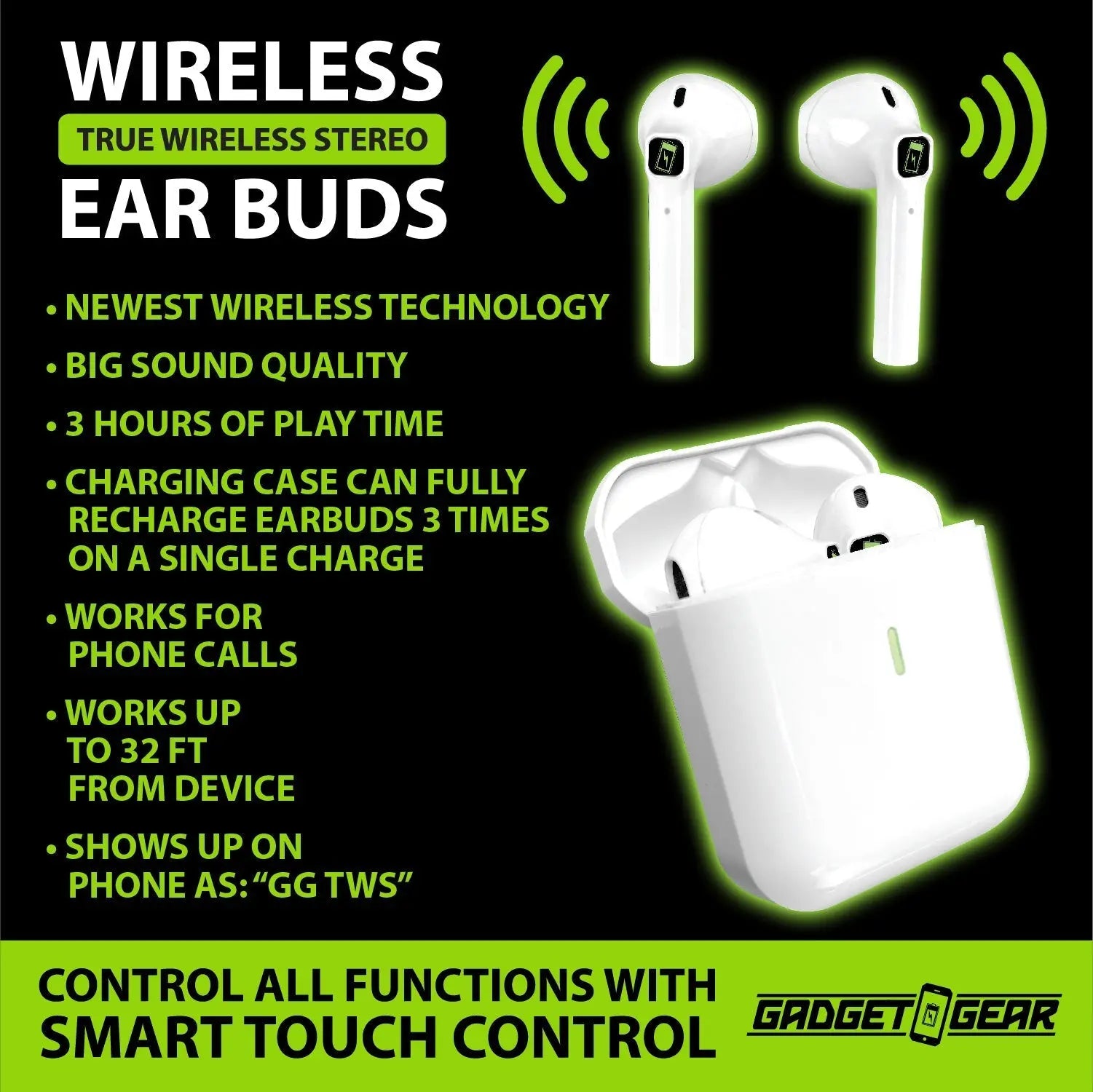 Wireless Earbuds with Case - 6 Pieces Per Retail Ready Display 23635 GADGET GEAR