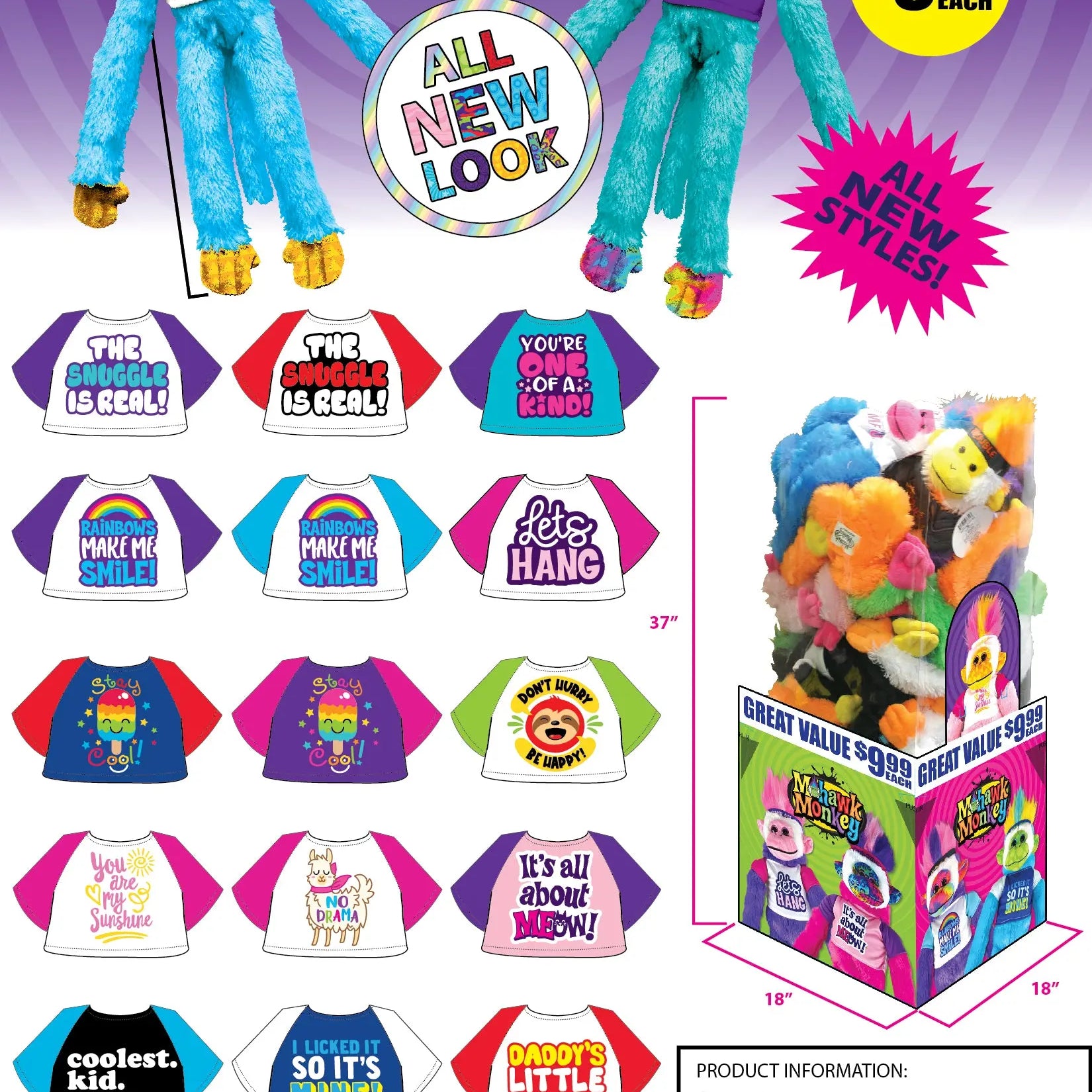 Plush Mohawk Monkey Assorted Floor Display - 18 Pieces Per Retail Ready Display 88284 KIPP BROTHERS