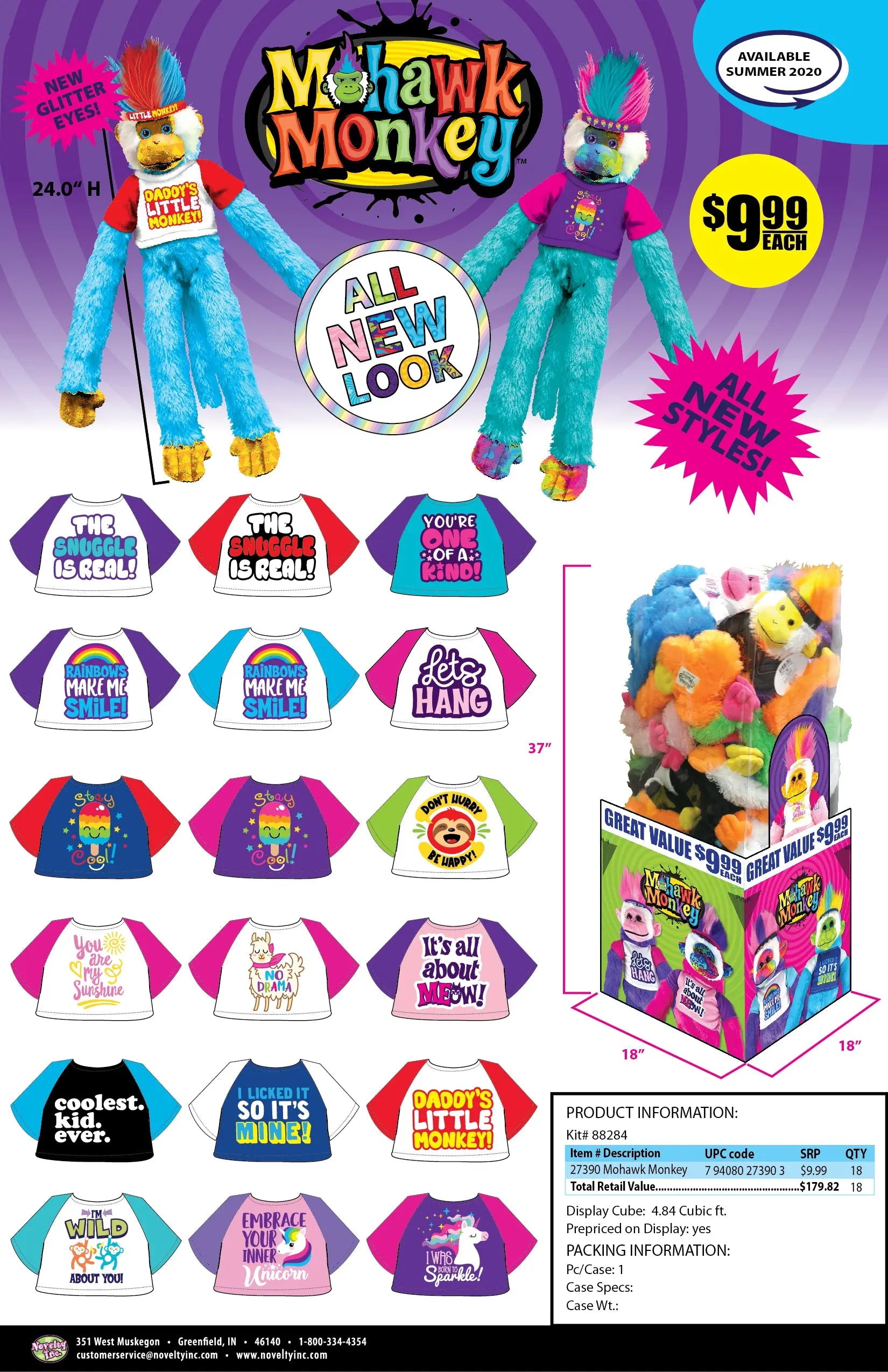 Plush Mohawk Monkey Assorted Floor Display - 18 Pieces Per Retail Ready Display 88284 KIPP BROTHERS