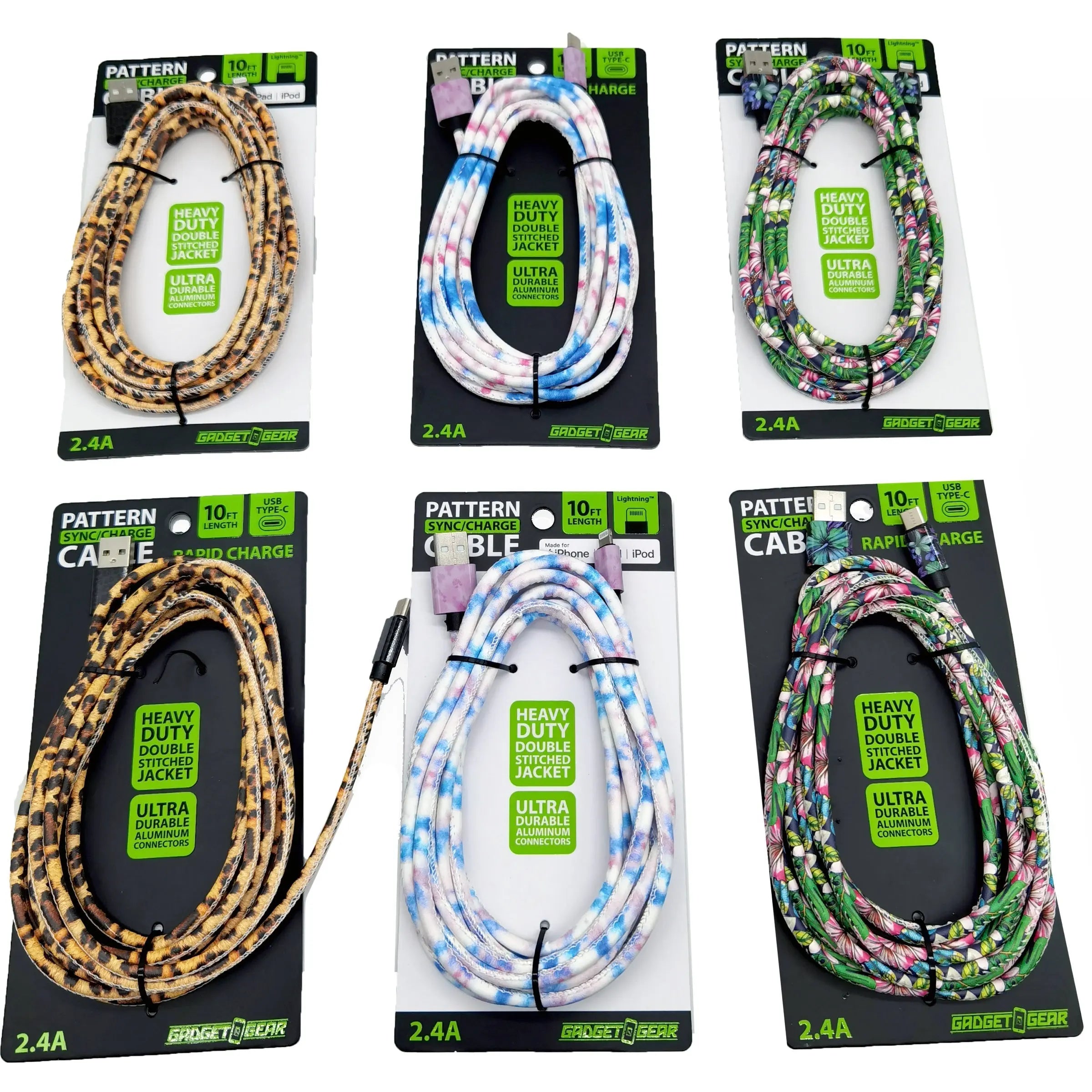 Charging Cable Pattern Assortment 10FT - 6 Pieces Per Retail Ready Display 88347 GADGET GEAR
