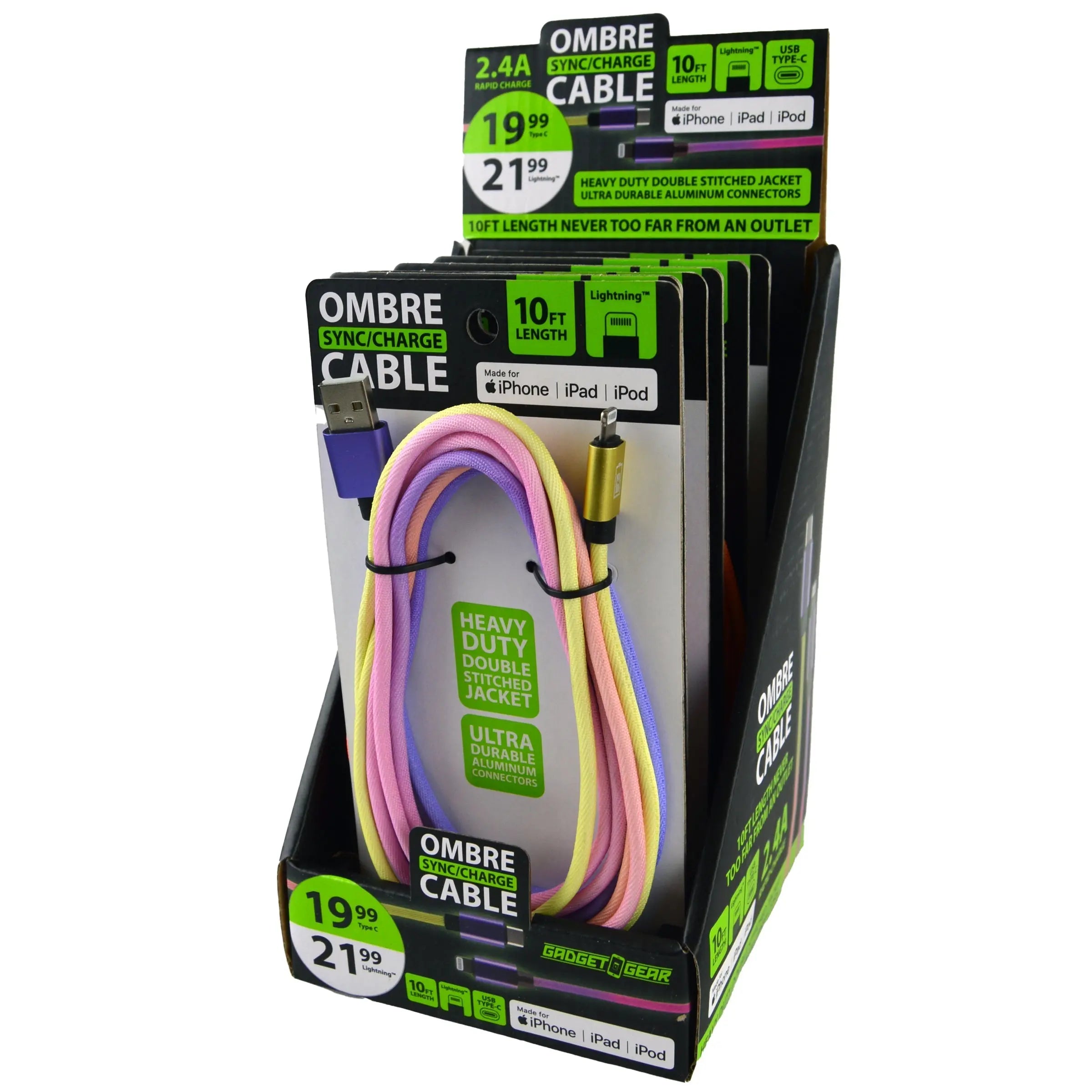 Charging Cable Ombre Color Fade Assortment - 6 Pieces Per Retail Ready Display 88355 GADGET GEAR