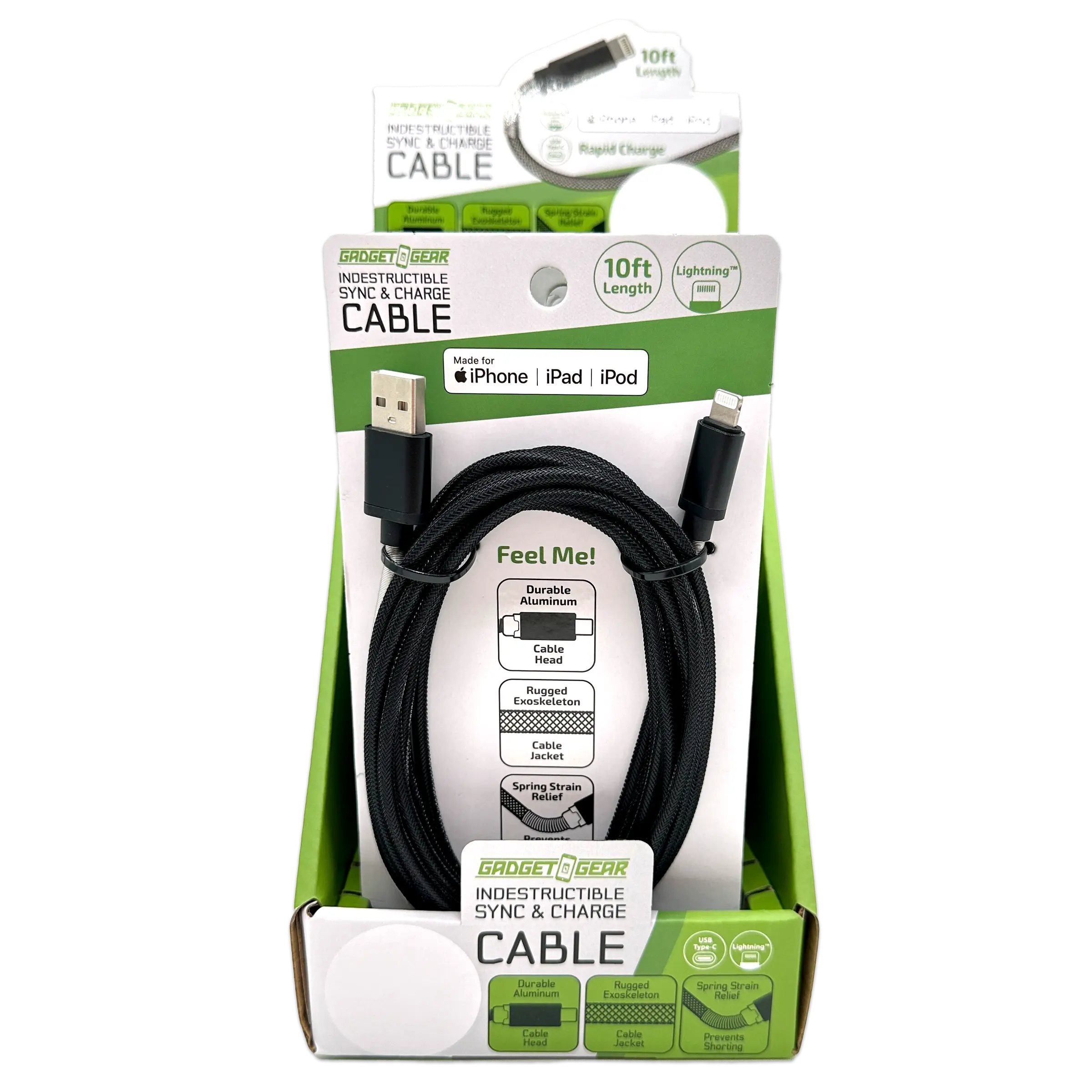 Charging Cable Indestructible Assortment 10FT 2.4 Amp - 6 Pieces Per Retail Ready Display 88468 GADGET GEAR