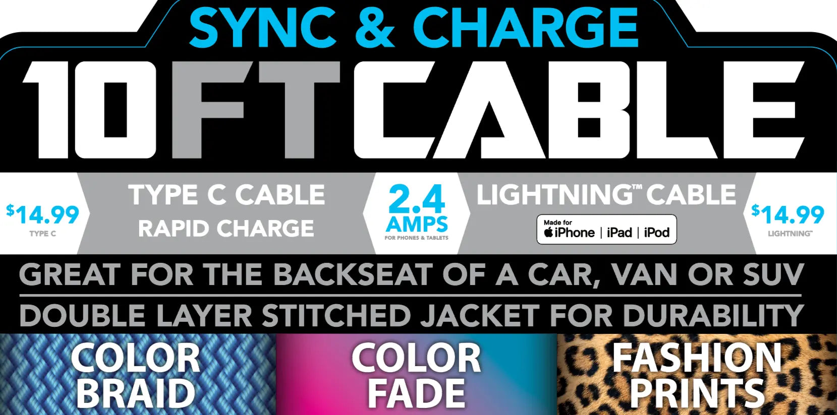 10FT Charging Cable Refill Kit Fashion Assortment - 36 Pieces Per Pack 88386 GADGET GEAR